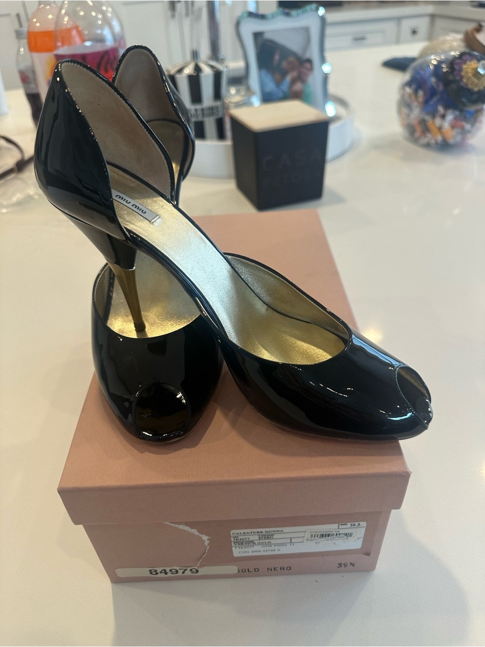 Nordstrom Black Patent Peep-Toe Heels with Gold Inner Heel